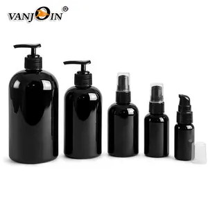 250 ml siyah Pet yuvarlak şişe pürüzsüz siyah losyon pompaları yuvarlak siyah şampuan şişeleri