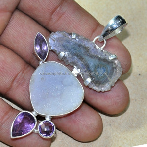 Geode Slice Amethyst White stone Pendant Gemstone 925 Silver Colored Fashion Pendant Handmade Pendant For Women Girls. - Product Image 4