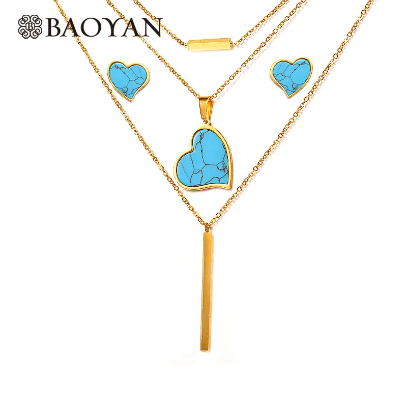 BAOYAN Natural Howlite Turquoise Stone Jewelry Set Gold Plated Stainless Steel Love Heart Jewelry Set For Women