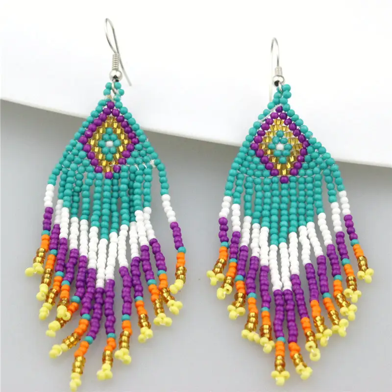 CH-LSE0212 Handmade seed beads earrings,colorful beads earrings wholesale seed bead tassel earrings