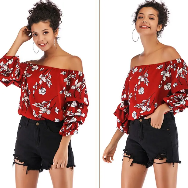 4 Phong Cách Slash Cổ Sexy Tắt Shoulder Floral Print Áo Phụ Nữ Mùa Xuân Giản Dị Dài Tay Áo Ladies Tops Voan Áo E5930