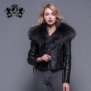 Super Large Raccoon <strong>Fur</strong> Collar <strong>Jacket</strong> Real Lamb <strong>Fur</strong> <strong>Lined</strong> Sheepskin Leather Coat for Women - Product Image 5