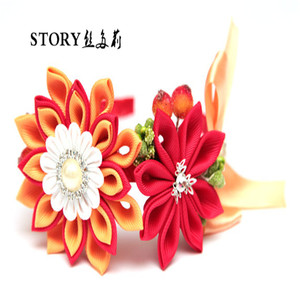 Corona di Fiori Fatta a Mano per Bambina Giapponese, Tiara <span class=keywords><strong>Rossa</strong></span> e Arancione per Matrimonio, Fiocco Tsumami Kanzashi, <span class=keywords><strong>Fascia</strong></span> per Capelli - Product Image 3