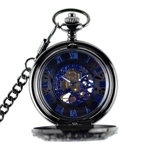 <span class=keywords><strong>Montre</strong></span> de poche mécanique manuelle pour homme, boîtier creux bleu tendance, mouvement analogique, avec longue chaîne, style steampunk, remontage manuel, cadeau - Product Image 3