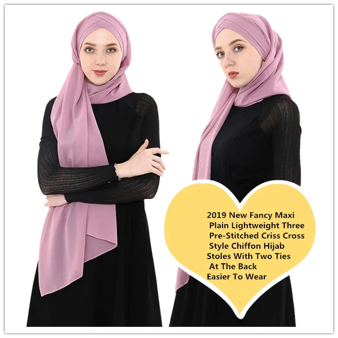 Factory sale new fancy custom muslim maxi plain breathable cross chiffon instant hijab stoles with two ties