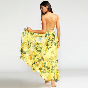 <span class=keywords><strong>Abito</strong></span> Lungo Estivo Lancai Casual <span class=keywords><strong>Elegante</strong></span> con Aperture, Vendita Calda, Tessuto Intrecciato <span class=keywords><strong>Giallo</strong></span>, Stampa Sexy in Chiffon per Spiaggia - Product Image 2