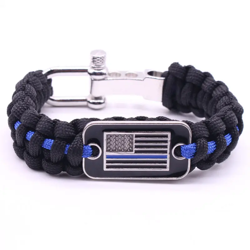 את דק כחול קו paracord צמיד עם מתכוונן פלדת שאקל, אמריקאי דגל צמיד מתנה עבור שוטר