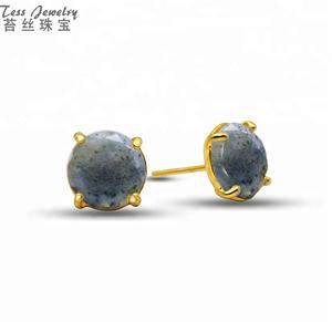 Di Alta Qualità di modo di Giada Verde Sfaccettato Rotondo Orecchino Della Vite Prigioniera 14K Oro di Disegno Ha Placcato Orecchini Della Pietra Preziosa - Product Image 5