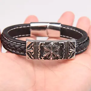 Customized logo fashion jewelry stainless steel bracelet bio magnetic bracelet genuine mens handmade braided leather bracelet