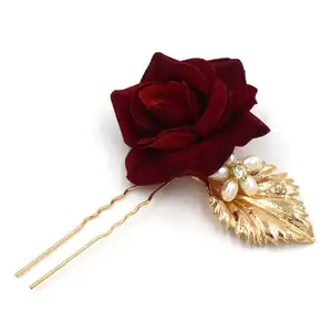 Bridal Hair Clip Red Flower Hair Clip Hairpin rose Headdress Wedding Bridal Accessories with pearls