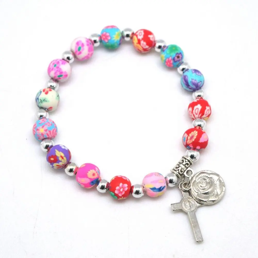 Catholic Polymer clay Beads Stretch Women Cord Bracelets Soft ceramic Beaded Strong Rope Cross Rosary Bracelet with Rose Medal
