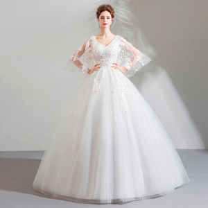 2019 Spring New Korean <strong>Plus</strong> <strong>Size</strong> 3xl Ivory Flower Beaded Floor Length Batwing Sleeve Lace up Back Princess <strong>Wedding</strong> <strong>Dress</strong> - Product Image 1