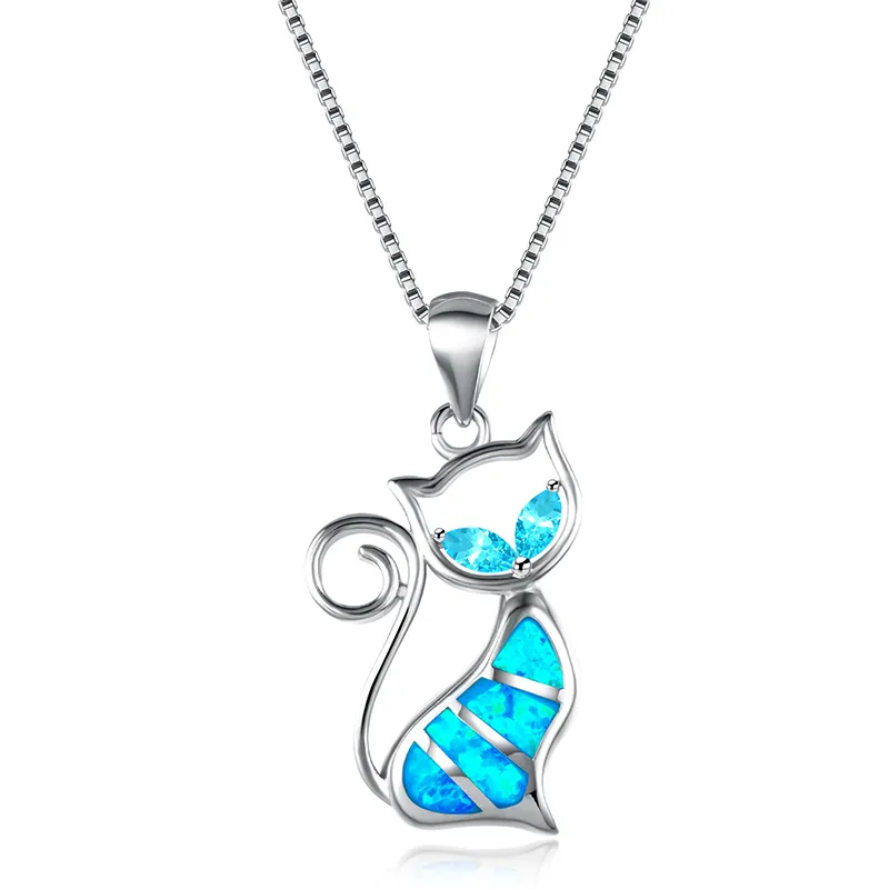 Hot Selling Plating Zilver Blauw Opaal Ketting Elegante Lieve Kat Hangers Ketting Voor Vrouwen Bruiloft Sieraden Hainon