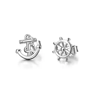 Simple Style Anchor Earrings 925 Sterling Silver Anchor Ship's Wheel Stud Earrings