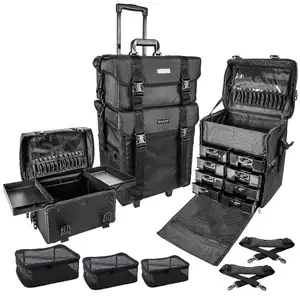 Soft Makeup Artist Rolling Trolley Cosmetic Case with Free Set of Mesh Bags, Jet Black