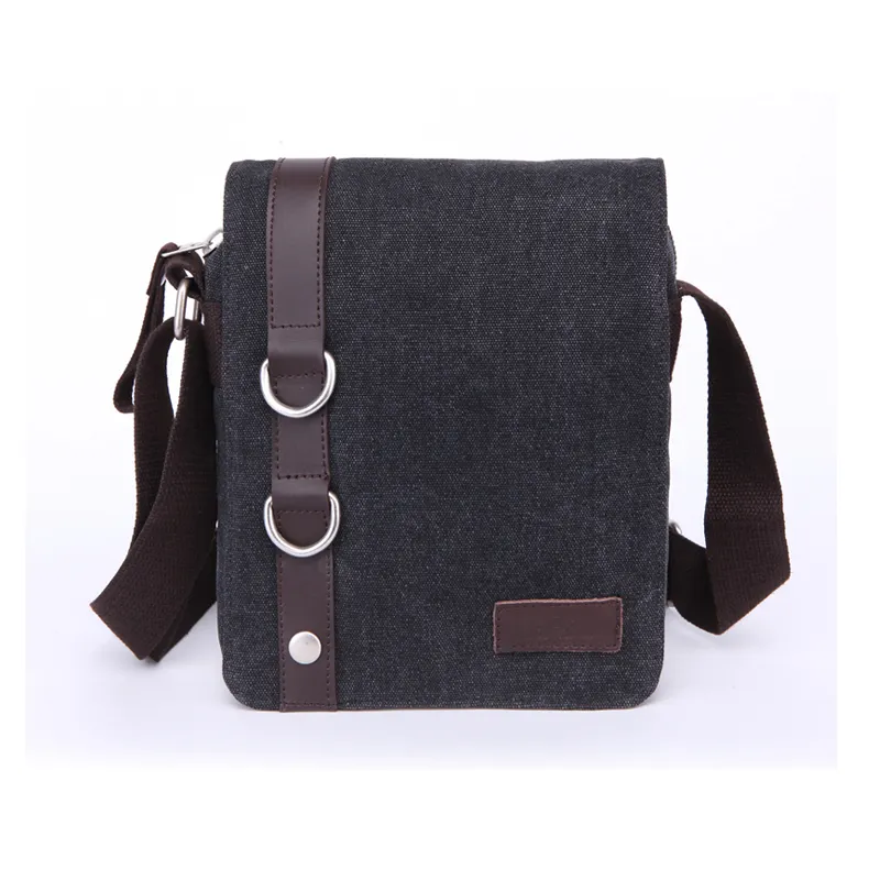 Custom logo black vertical men canvas teenager school sling messenger bag for ipad with leather tirm