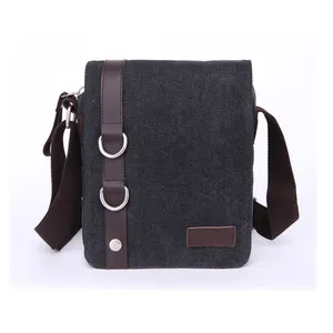 Whole sale custom logo black vertical men canvas teenager school sling messenger bag for ipad with leather tirm