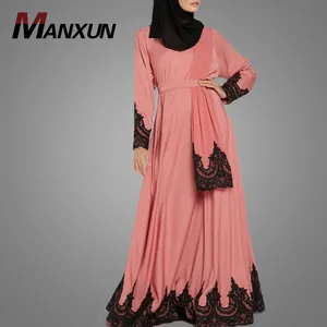 Wholesale Islamic Apparel Abaya Elegant Lace Sash Jersey Muslim Maxi Dress Islamic Clothing Long Sleeve Moroccan Kaftan Dresses