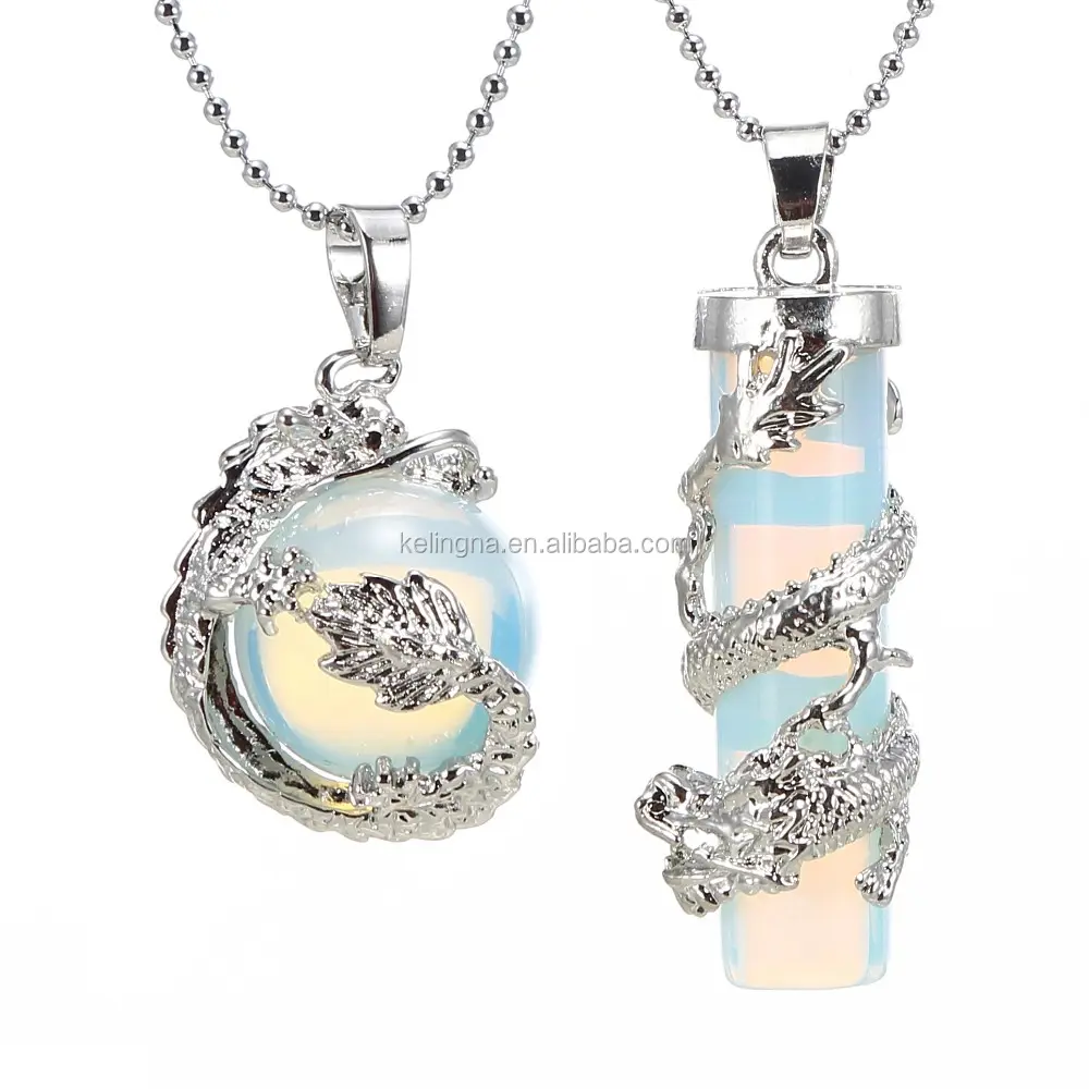 Collier pendentif en pierre précieuse Reki, opale argent, Dragon, bijou rond enveloppé + cylindre, Point de guérison, 1 pièce