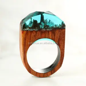 1PC Handmade Wood Resin Ring With Magnificent Fantasy Secret Magic Landscape Punk Wooden Rings Hip Hop For Women Men Jewelry