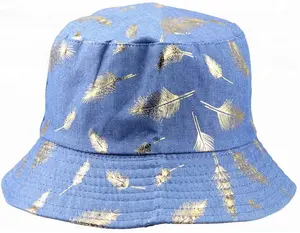 Fashion wholesale all over shining glint gold silver foil feather print cotton denim fishing bucket hat and cap