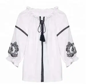 New design ladies white cotton embroidery fashion normal blouses