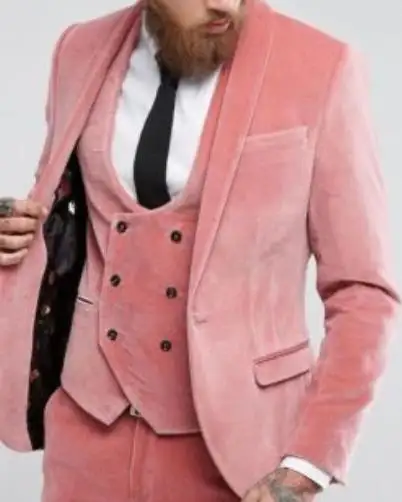 Veste de costume + gilet + pantalon pour homme, tenue de mariage, costume smoking personnalisé en velours rose, coupe ajustée, 3 pièces, mode hiver