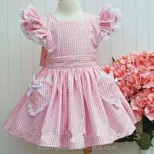 Little Girls Well Dressed Pink Grid Flutter Sleeve Dress With Sweet Heart Pocket Lace Pinafore Gingham Dress