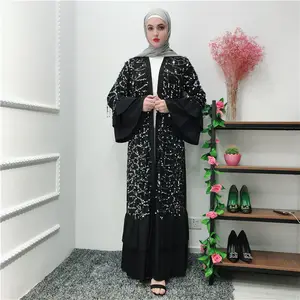 Nuevo Modelo de abaya, borlas de lentejuelas, material negro, dubai abaya, 2019