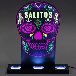 Garrafa de salitos acrílicos com led 3 garrafas, exibição de glorificador com impressão de crânio retroiluminada