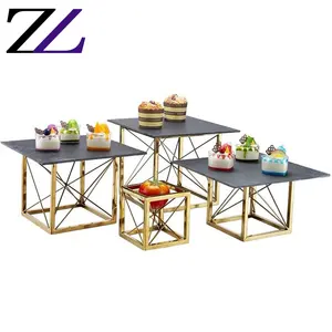 Hotel equipments pastry dessert combined glass platterd buffet elevation stainless steel stand gold square buffet riser set
