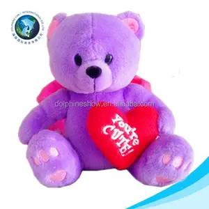 Cute plush valentine's day plush purple bear toy red heart teddy bear
