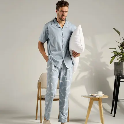 Pijama de algodón para hombre, ropa de dormir de manga corta con parte delantera abierta, pantalones largos de verano