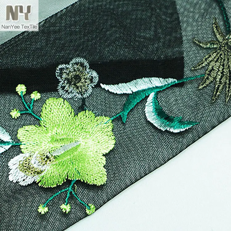 Nanyeeテキスタイルブラックナイロンベースネオングリーンスレッドスパンコールメッシュ刺Embroidery生地