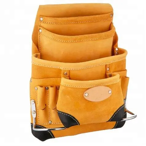 Heavy duty top grain leather Tools 10 Pocket Nail and Tool Customized Logo Fastener Pouch with 2 Hammer Holders