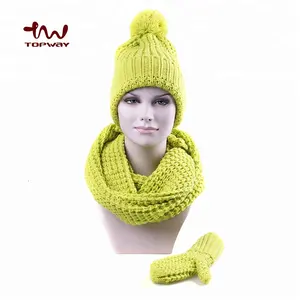 Wholesale Fashionable 3 Pieces Wool Winter Knitted Crochet Cuff Hat Scarf and Gloves