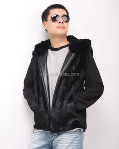 YR227 New Fashion Black Real Rabbit Fur Gilet Mens Hooded Vest