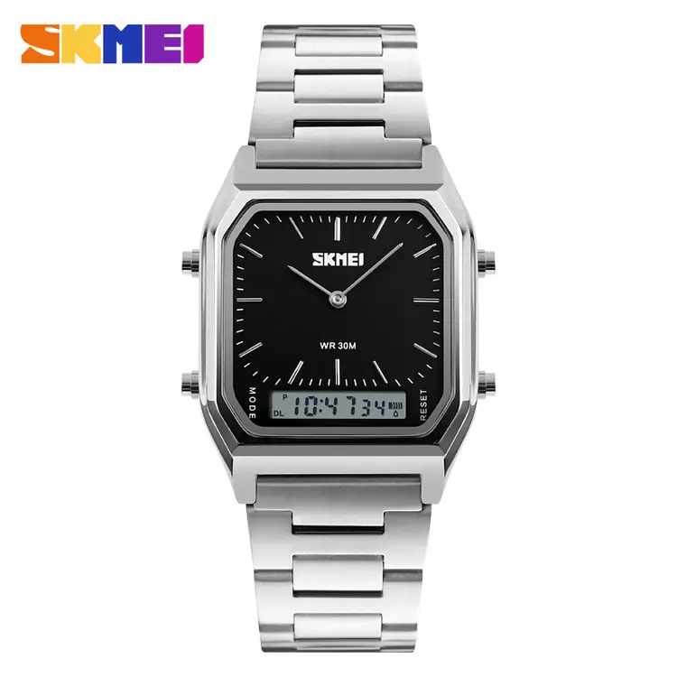 Square style double time dual movement stainless steel back multifunction watch digital analog wristwatches