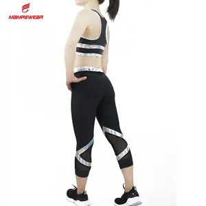 Mamre Laser Kim Loại Vải Cổ Vũ Capri Legging Và Crop Top, Bạc Kim Loại Thể Thao Áo Ngực Và Legging Chặt Chẽ