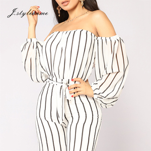 Custom damas Romper <span class=keywords><strong>blanco</strong></span> rayas alta cintura linterna manga Backless sin tirantes con cinturón mujeres <span class=keywords><strong>mono</strong></span> - Product Image 4