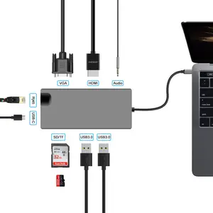 USB3.0 USB C集线器9合1充电站PD型c适配器，带高清电视4k RJ45音频插孔