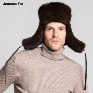 クラシックな本物のミンクの毛皮の爆撃機の帽子男性のためのロシアのイヤーフラップキャップ本物の革で冬の毛皮の帽子