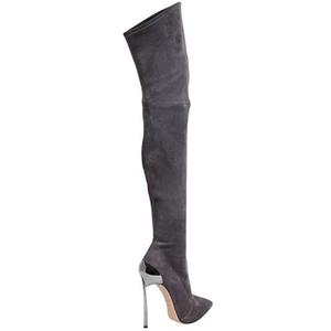 Design semplice Della Signora del Metallo Tacco Alto Sopra Il Ginocchio Stivali A Spillo Punta A Punta Pelle Scamosciata Coscia Alti Stivali Elasticizzati - Product Image 3