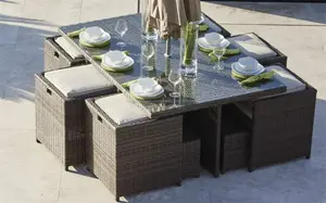 Jardín de diseño otomano ocultos cube Outdoor Furniture mesa y sillas de comedor de mimbre