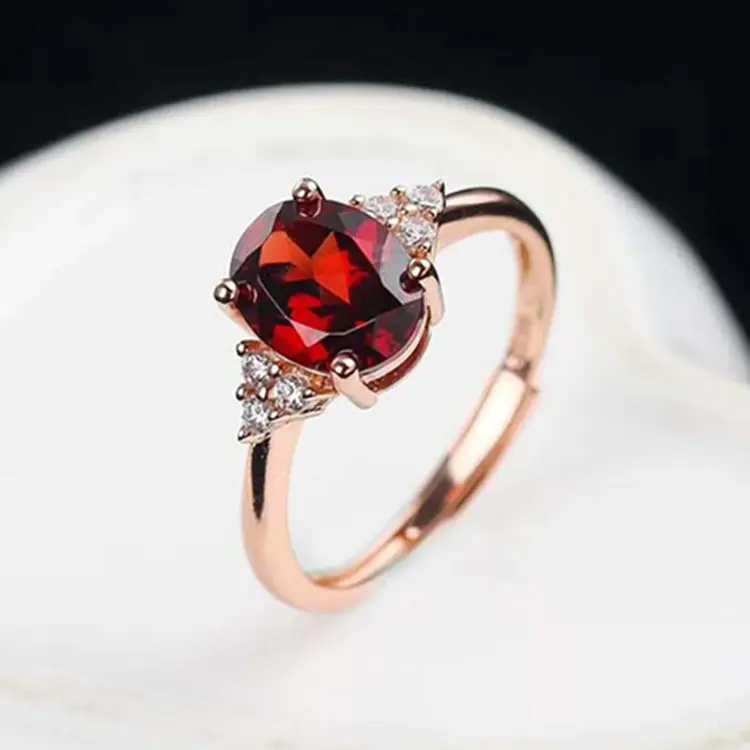 modern adjustable fine jewelry design 925 sterling silver 18k gold plated 7x9mm natural red garnet genuine gemstone ring