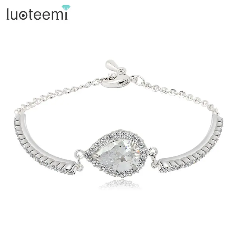 LUOTEEMI Rose Gold Plated Jewelry Women Austrian Rhinestones Cup Chain and Micro CZ Pave 2 Carat Pear Cut CZ Bracelet