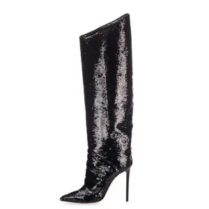 Stylish Ladies Winter Heeled Shoes 2019 Women Sequins Stiletto Heel Long Boots Pointed Toe High Heel Black Sequin Knee Boots