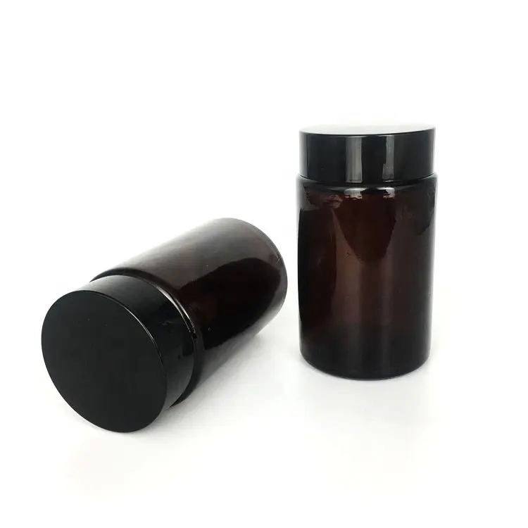 Custom 200 ml amber glas cosmetische pot frasco de vidrio met zwart plastic cap