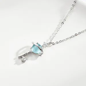 Dainty Fashion Wholesale Women Necklace Jewelry Blue Universe Star Key Necklace Elegant Crystal Girl Necklace