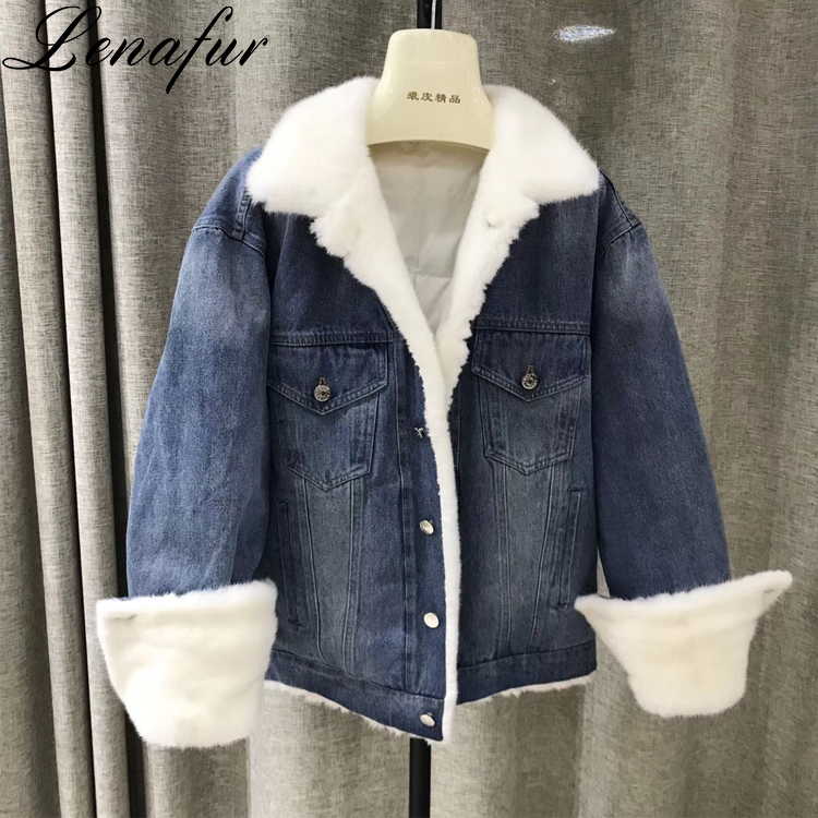 Las mujeres corto Denim vaqueros estilo Real Piel de visón chaqueta de lujo de piel de visón Parka en invierno